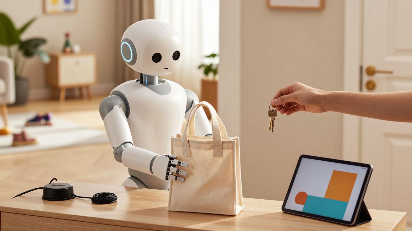 Robot met tas op tafel, persoon geeft sleutel aan. Tablet en speaker op achtergrond.
