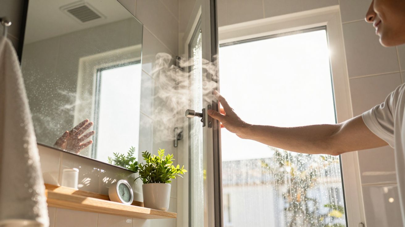 Persoon opent badkamerraam terwijl stoom ontsnapt; binnenplant en handdoek zichtbaar naast spiegelend raam.