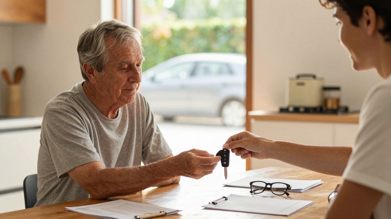 Een oudere man ontvangt autosleutels van een jongere persoon aan een tafel met papieren en een bril in een zonnige keuken.