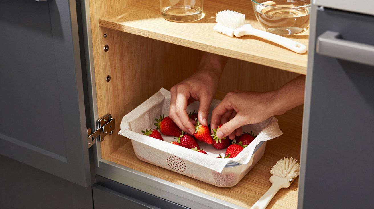Handen plaatsen aardbeien in een papieren bakje in een kast met houten schappen, borstels en glazen zijn zichtbaar.