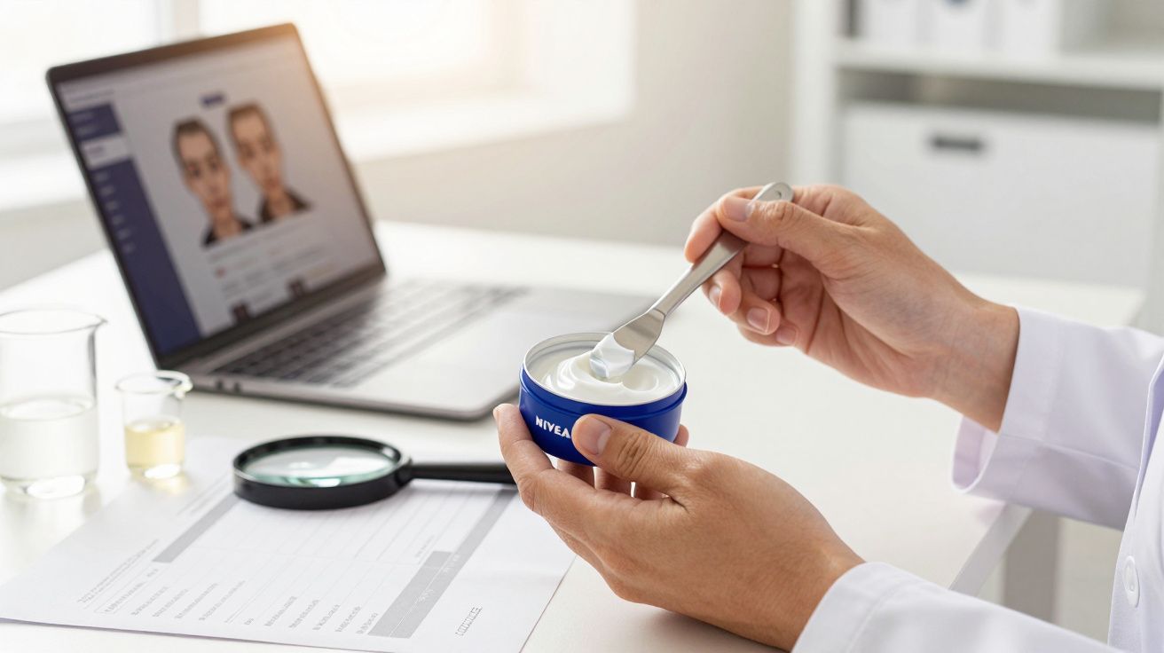 Een arts houdt een pot crème en een spatel vast, met een laptop, vergrootglas en papieren op de achtergrond.