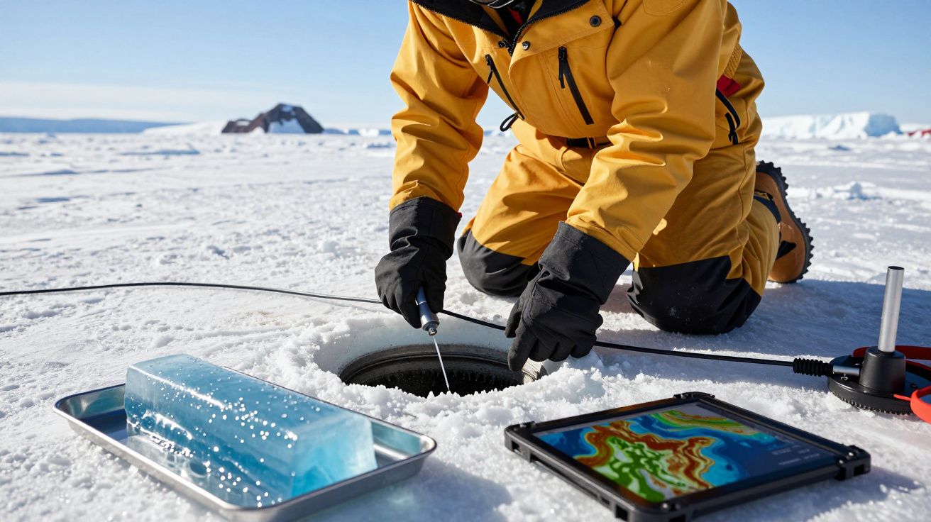 Persoon in geel pak verricht metingen op ijs, met tablet en ijsmonster op de voorgrond.