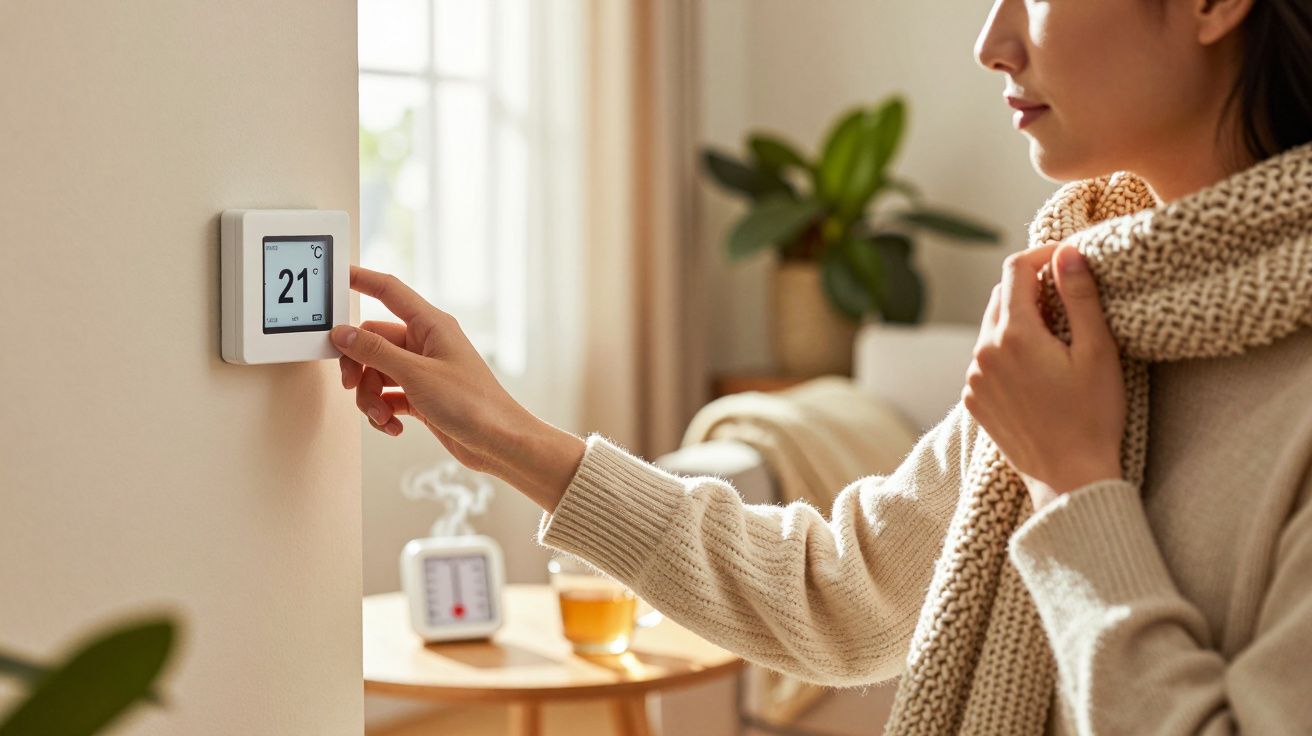 Vrouw in warme trui stelt thermostaat in op 21°C, met warme thee en planten op de achtergrond.