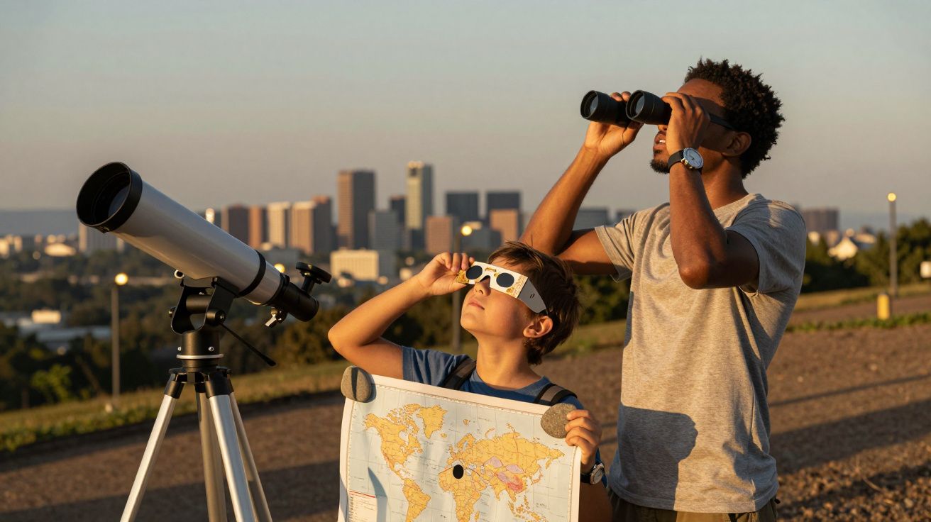 Man en jongen kijken naar sterren met telescoop en verrekijker, jongen houdt kaart vast, skyline op achtergrond.