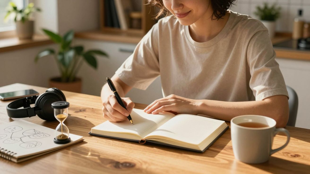 Persoon schrijft in een notitieboekje aan tafel met hoofdtelefoon, zandloper, schetsboek en kopje koffie.