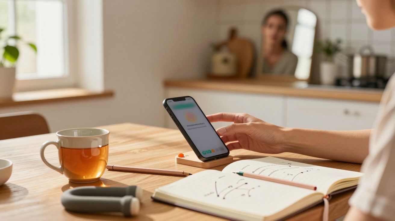 Persoon bedient smartphone aan tafel met notitieboek, potlood en mok in keuken.