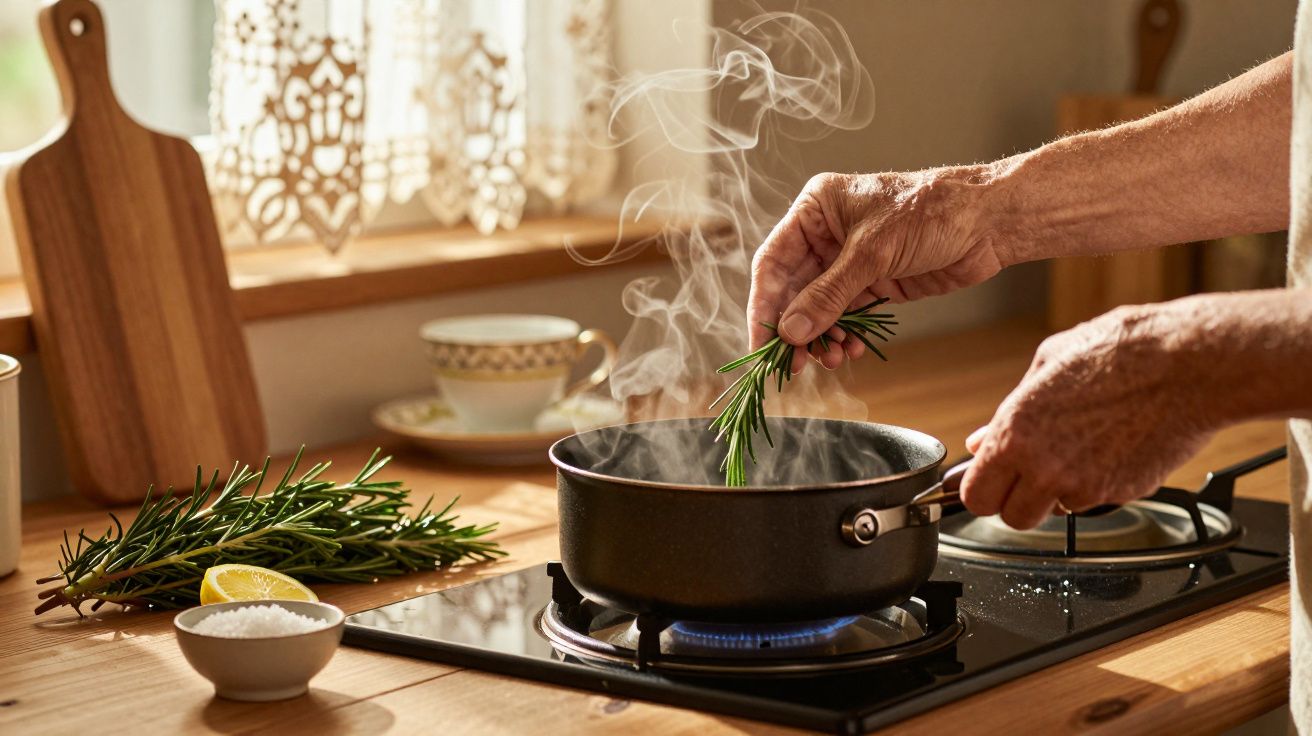 Handen voegen rozemarijn toe aan kokende pan op gasfornuis in zonnige keuken.