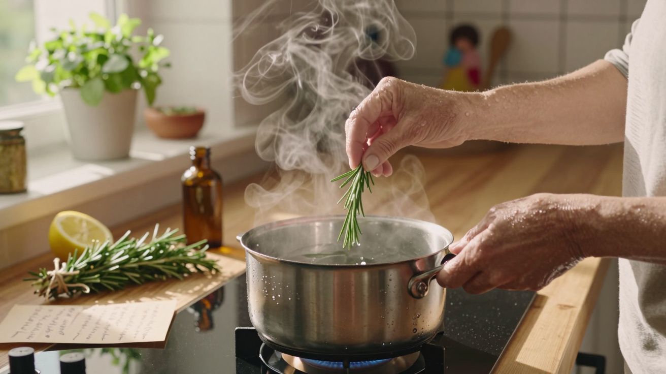 Hand voegt rozemarijn toe aan een kokende pan in een lichte keuken. Op de achtergrond staat een plant bij het raam.