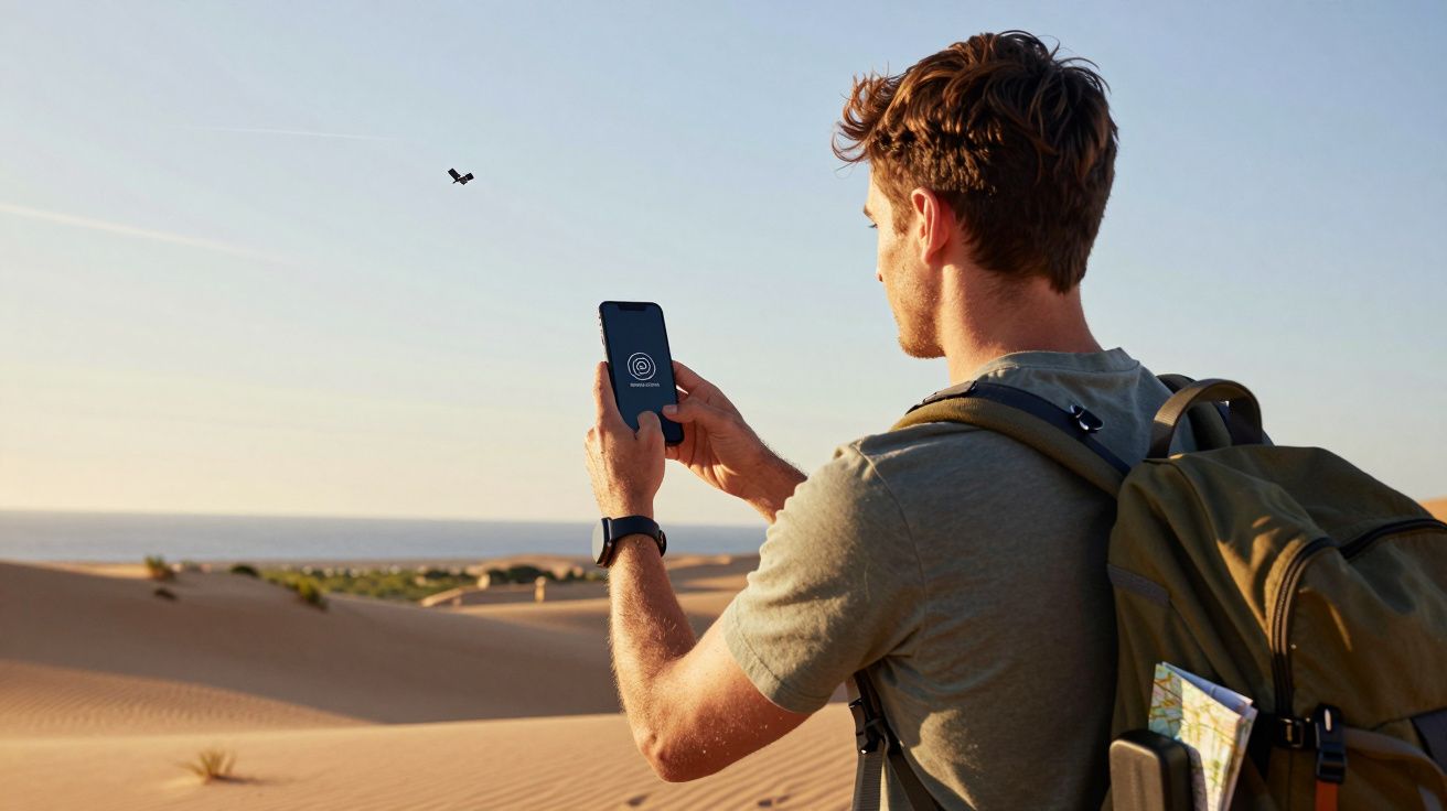 Man met rugzak en smartphone in woestijn, kijkt naar scherm met duimafdruk tijdens zonnige dag.