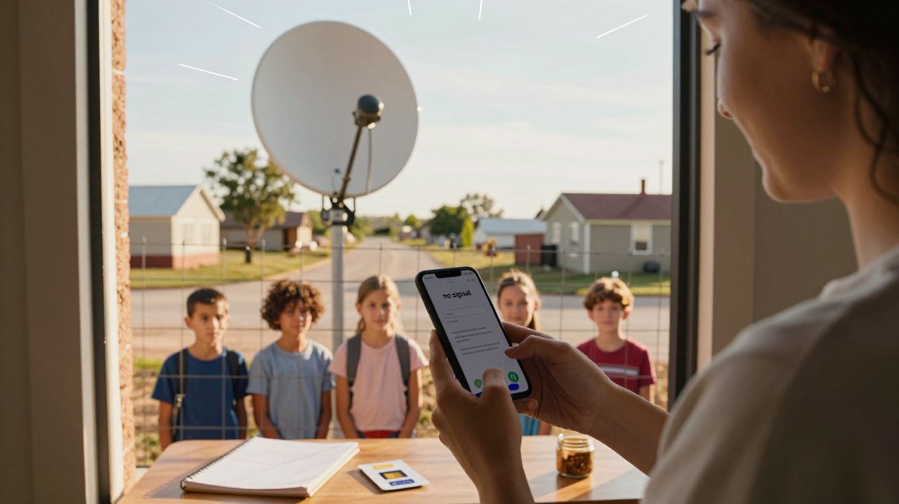 Vrouw controleert signaal op smartphone bij raam, kinderen staan buiten met schotelantenne in achtergrond.