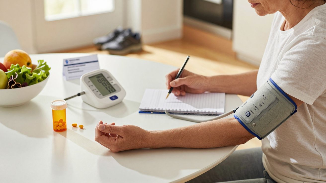 Persoon meet bloeddruk thuis, schrijft notities; pillen en fruitschaal op tafel.