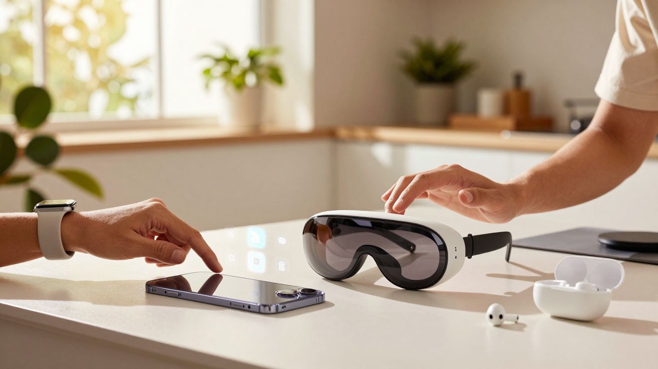 Twee handen gebruiken een smartphone en een VR-headset op een tafel in een zonnige kamer met planten op de achtergrond.