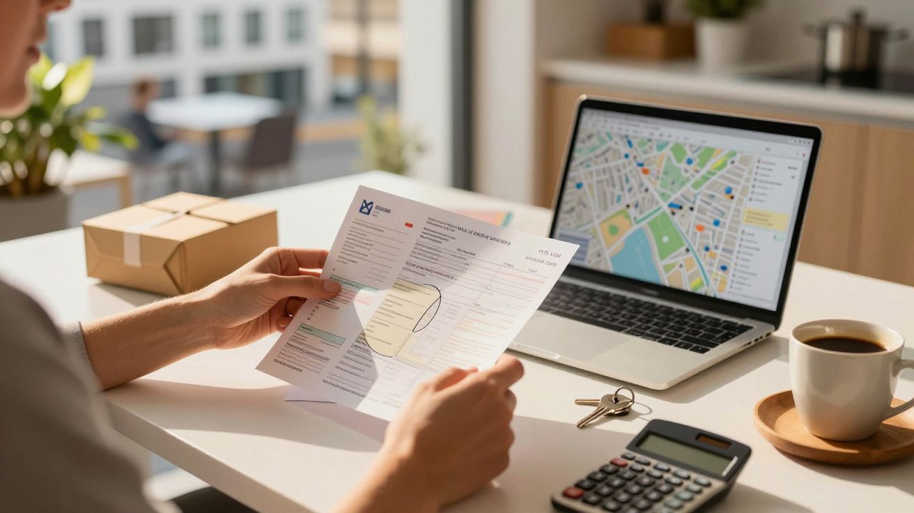 Persoon bekijkt document aan bureau met laptop, kaart op scherm, pakketje, sleutels, rekenmachine en kop koffie.