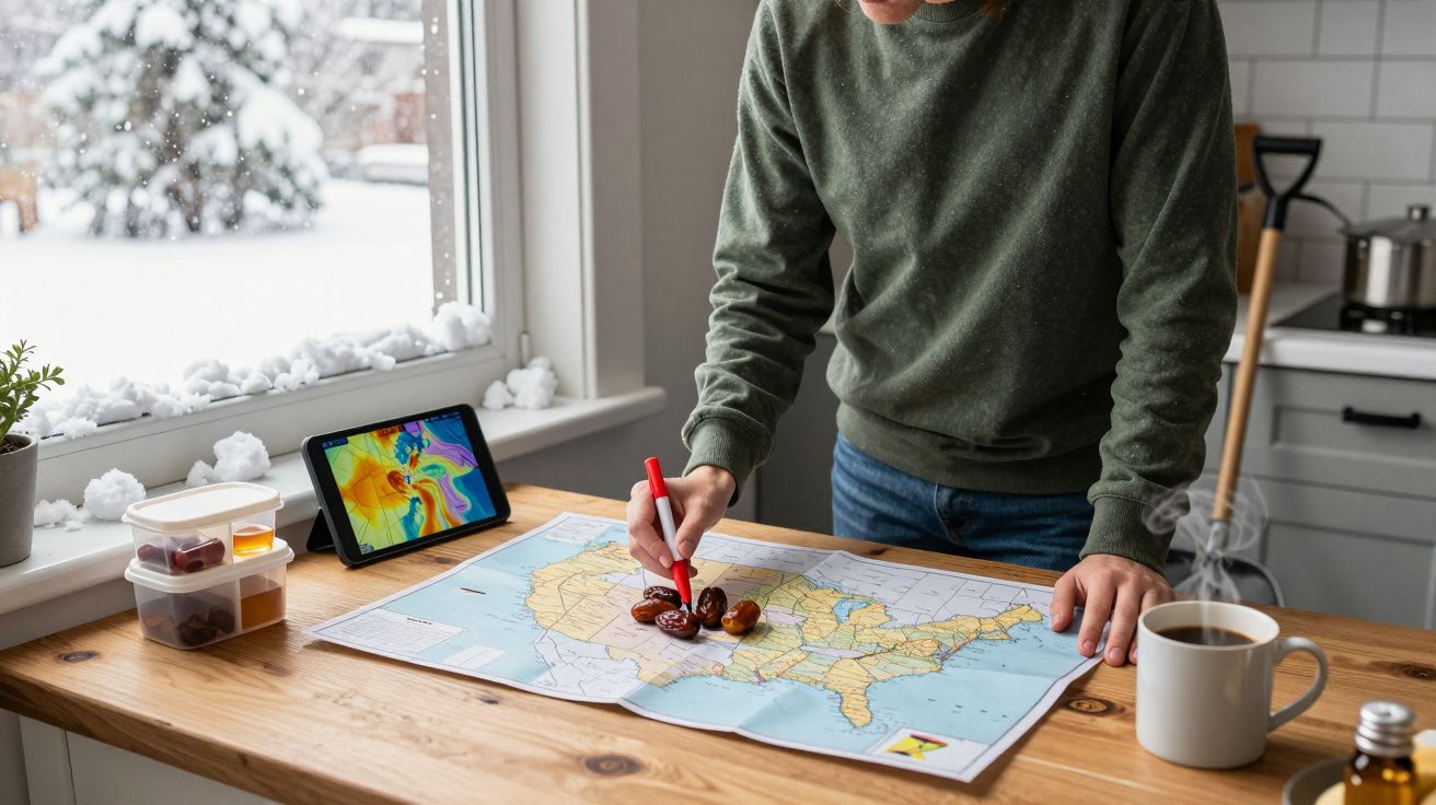 Persoon wijst op een kaart met pennen, omringd door koffie, winterlandschap door het raam, tablet met weerkaart op tafel.