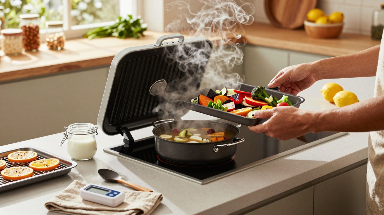 Persoon bereidt groenten op elektrische grillplaat in een moderne keuken met stoom en gesneden citrusvruchten op het aanrecht