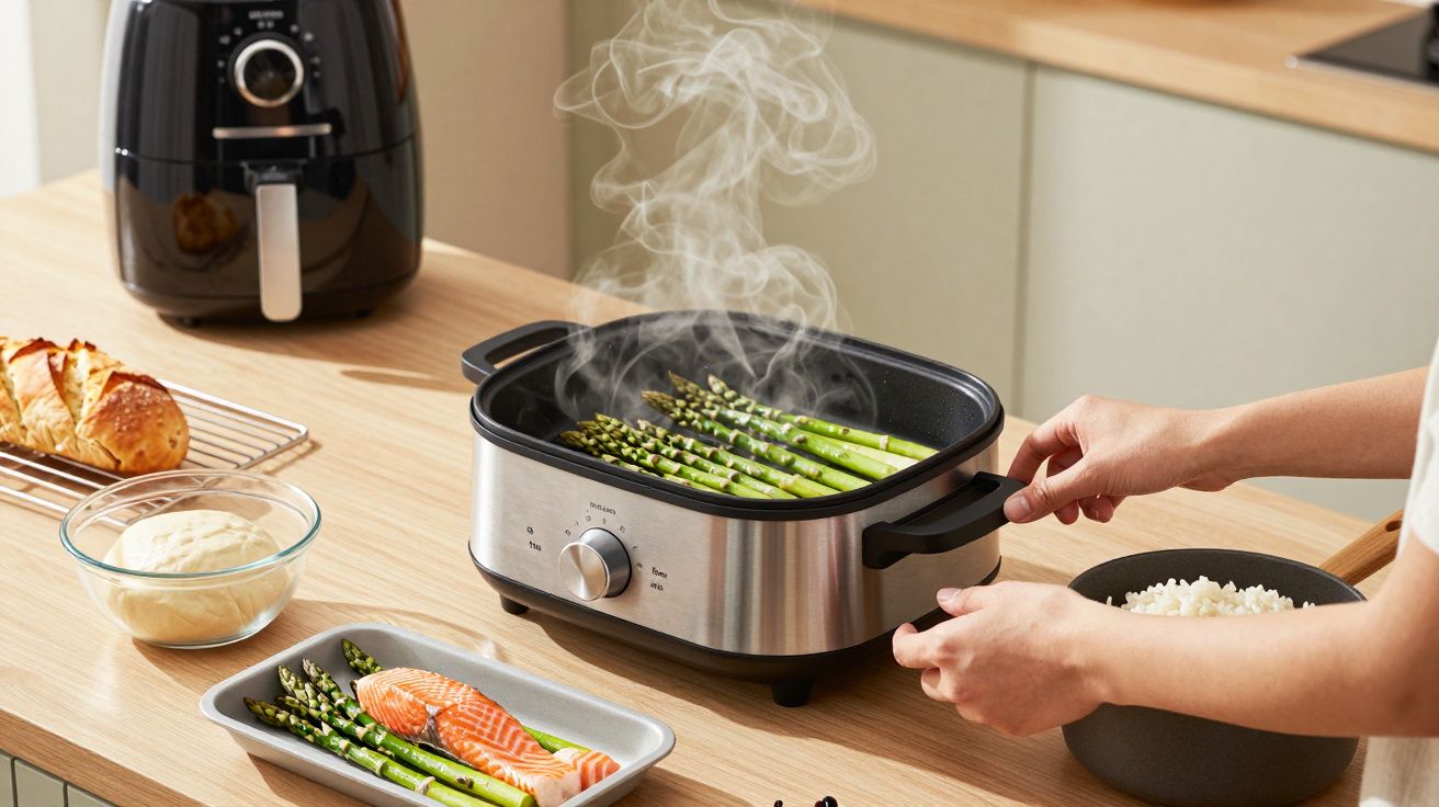 Een hand bereidt asperges in een stoompan op een keukenwerkblad met een airfryer, brood en een bord met zalm.