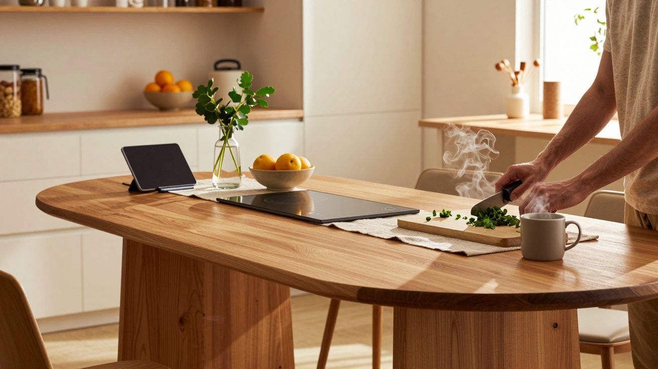 Keuken met houten tafel, fruitschaal, tabletstandaard en een persoon snijdt groenten naast een kopje thee.