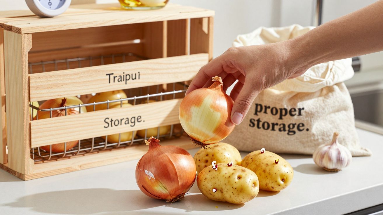 Hand pakt ui naast aardappelen en opslagkist op aanrecht met zak voor opslag.