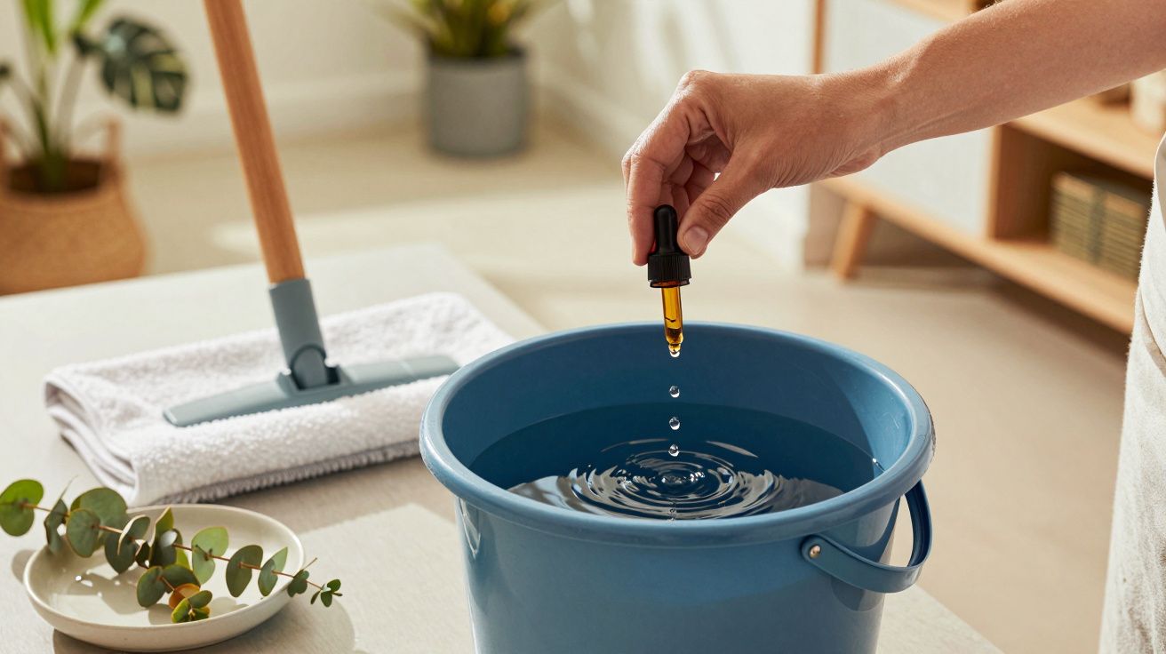 Hand voegt druppels aan blauwe emmer water toe, met dweil op de achtergrond, kamerplant zichtbaar.