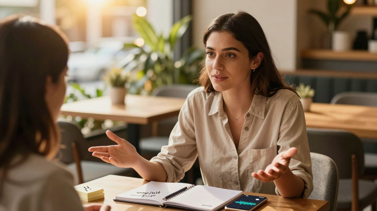 Twee vrouwen in gesprek in een café, met notitieboekje en smartphone op tafel.