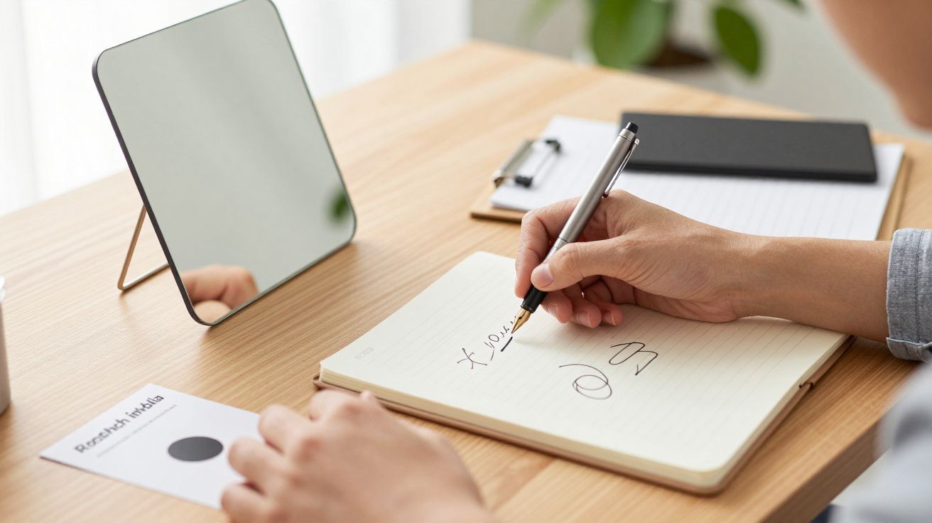 Persoon schrijft met pen in notitieboekje op bureau met spiegel, kladblok en plant.