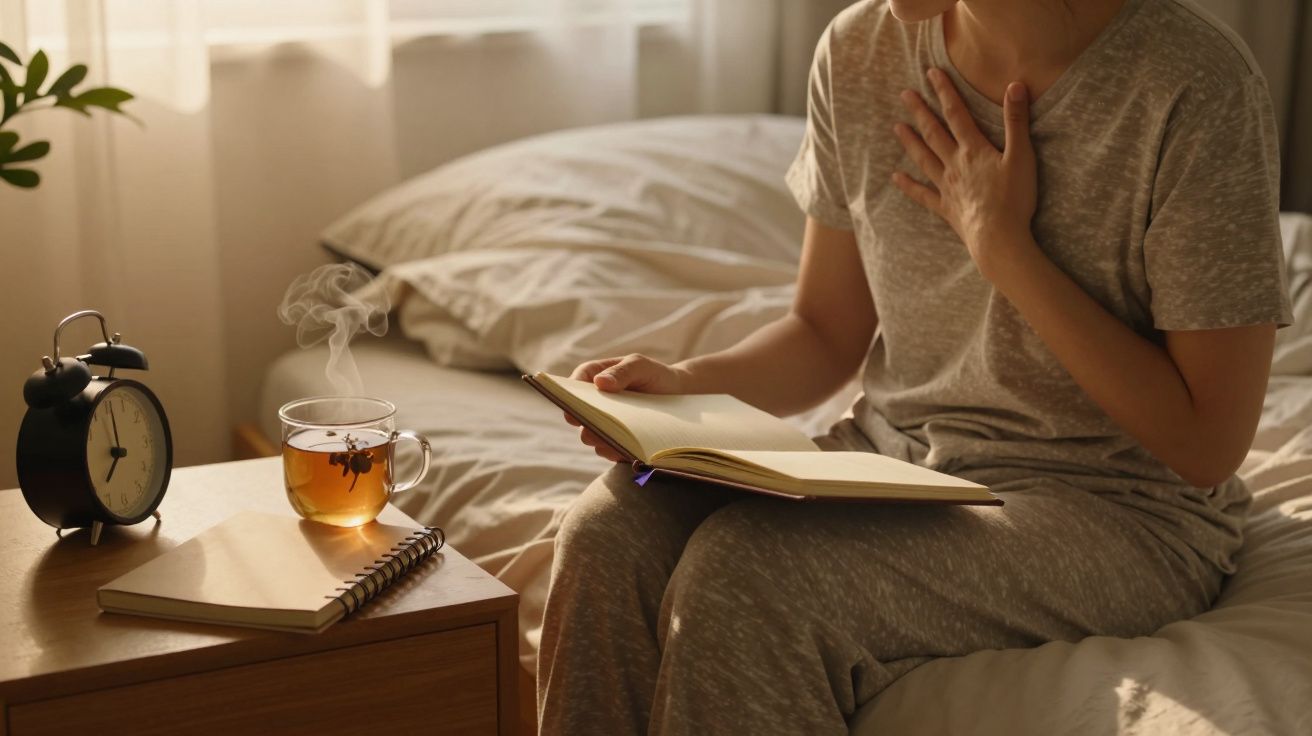 Persoon in grijze pyjama leest een boek op bed naast een wekker en dampende kop thee op een nachtkastje.