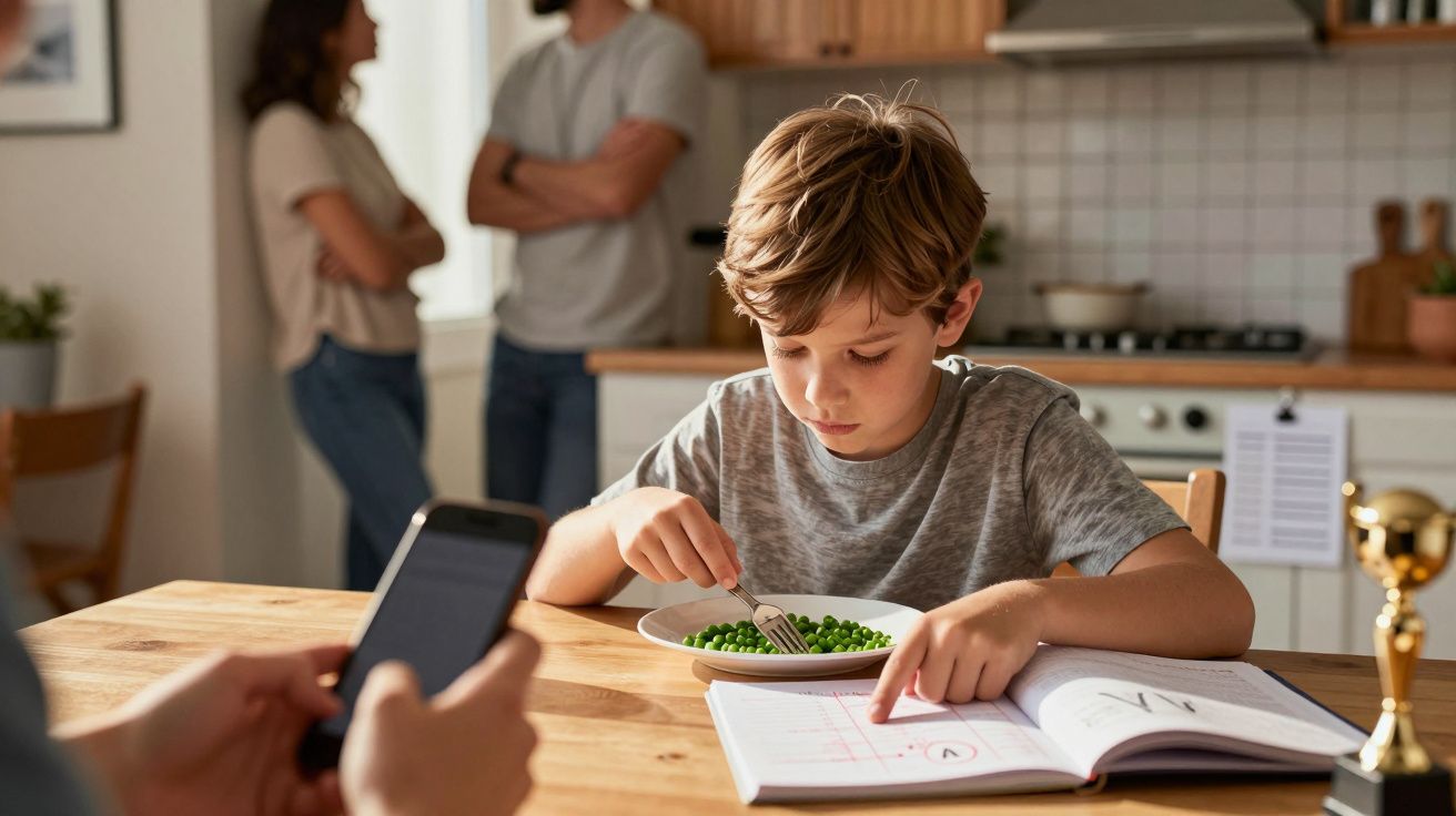 Jongen eet erwtjes en maakt huiswerk aan tafel, terwijl twee mensen op de achtergrond in de keuken staan.