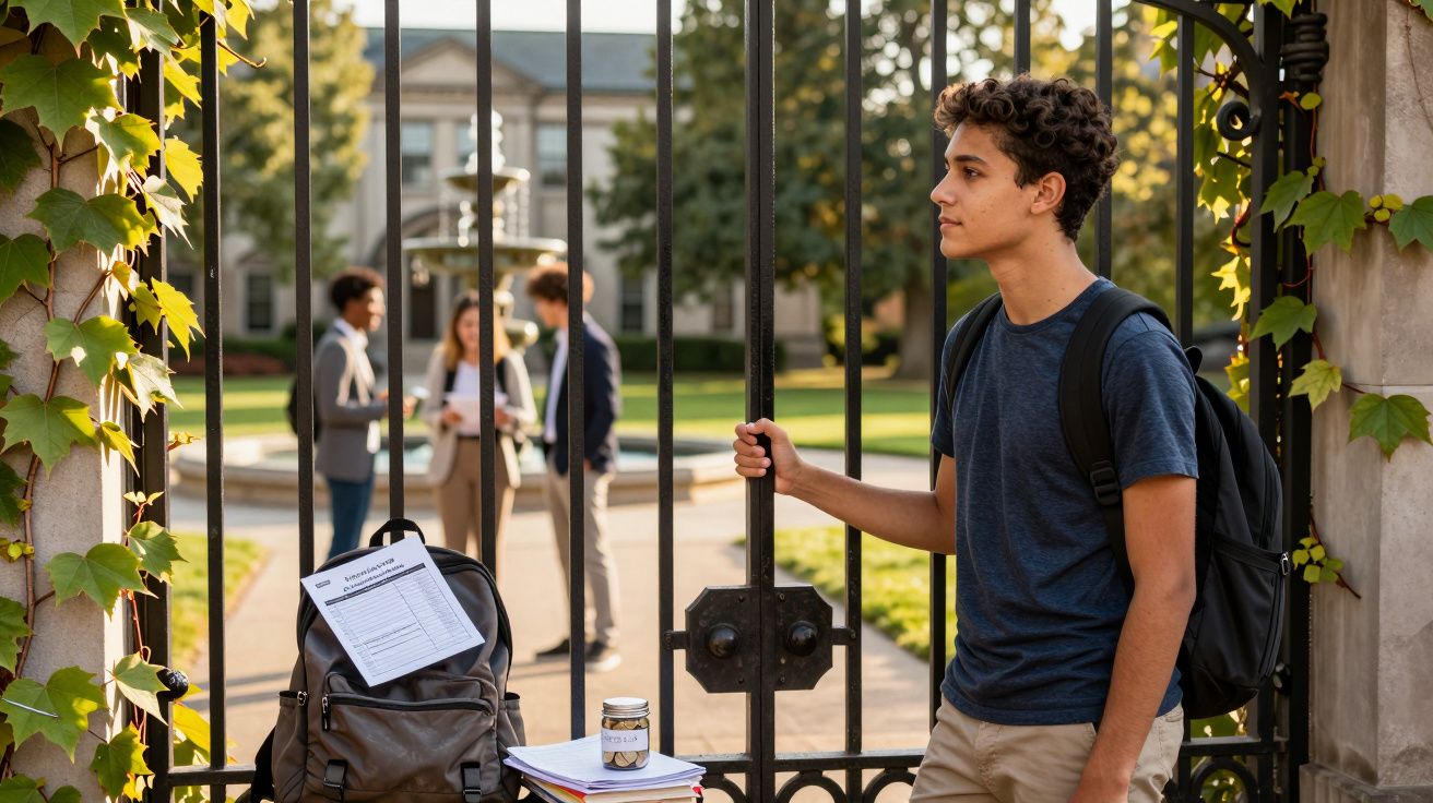 Jonge man met rugzak staat bij campushek, terwijl anderen op achtergrond in gesprek zijn.