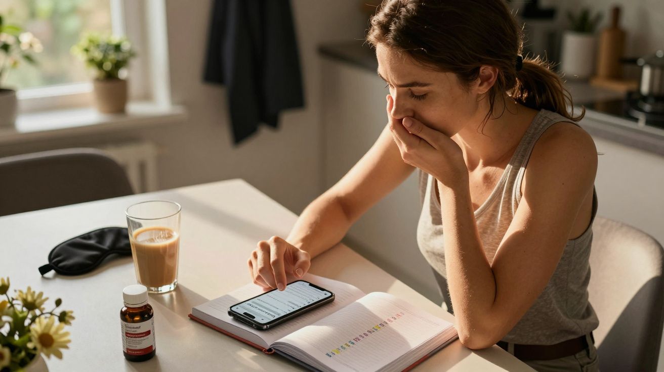 Vrouw aan tafel leest iets op haar telefoon naast een open notitieboek, een glas koffie en medicijnen.