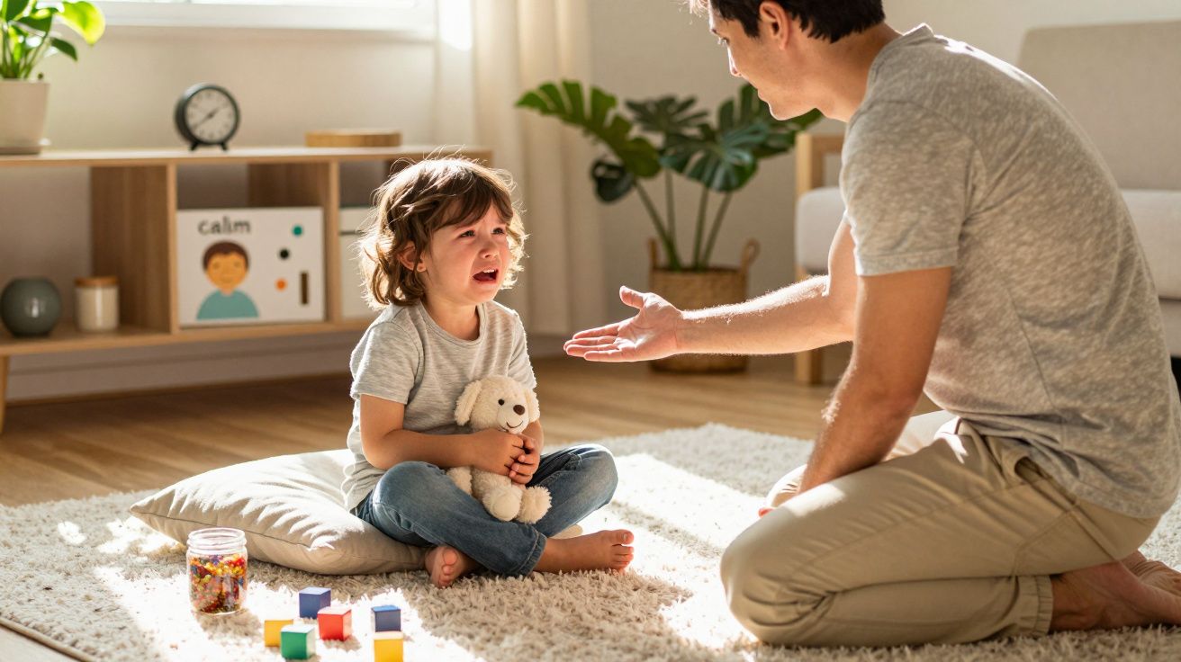 Vader troost huilend kind met knuffelbeer, zittend op tapijt in zonnige woonkamer met speelgoed en planten.