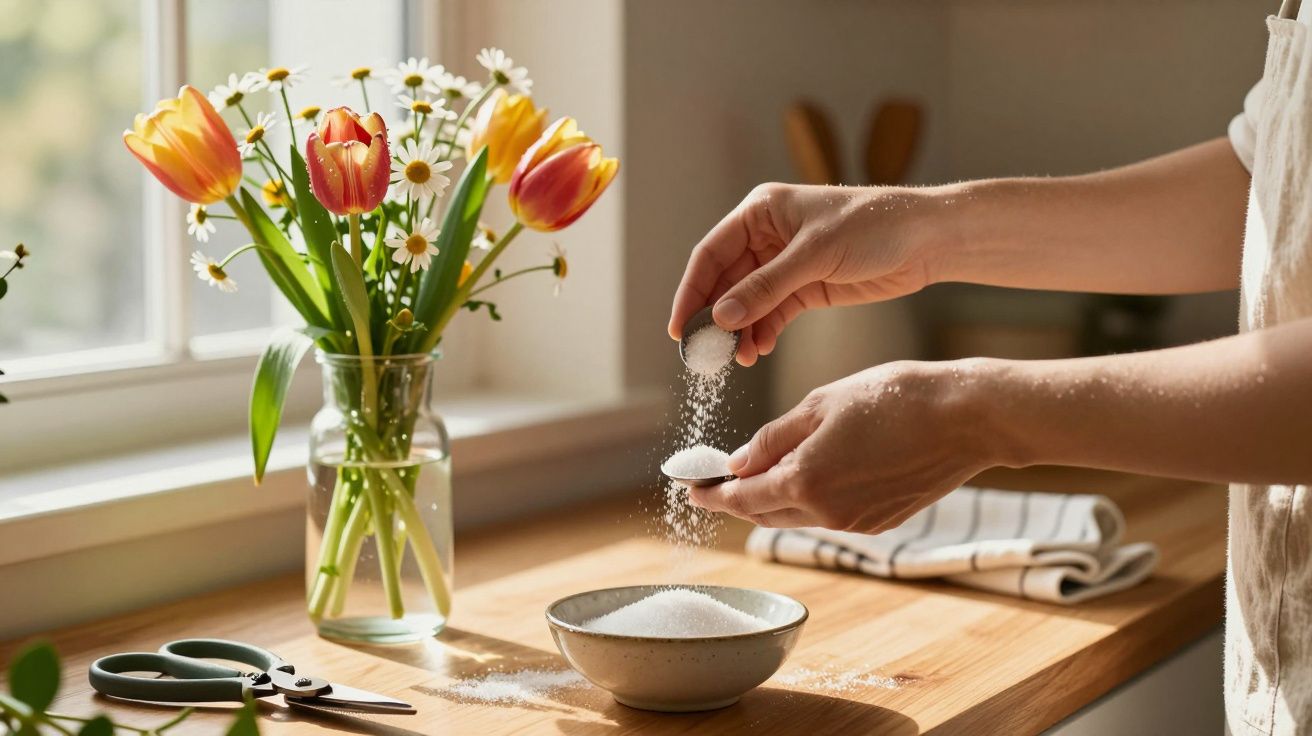 Handen strooien suiker in een kom, bij een keukenvenster met tulpen en madeliefjes in een vaas.