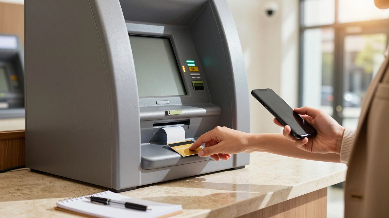 Persoon gebruikt een bankautomaat met een smartphone in de hand en voert een bankpas in de automaat in.