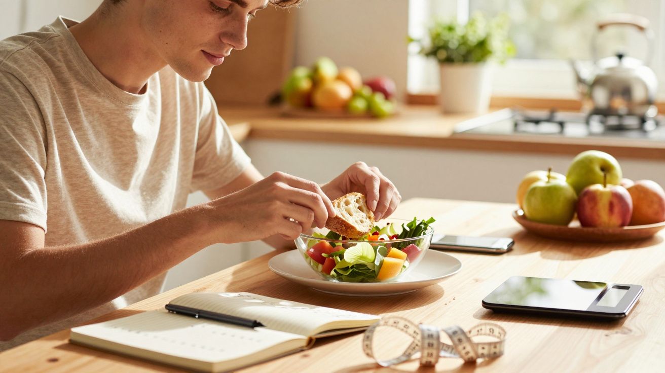 Jonge man eet salade aan tafel met notitieboek, meetlint en fruitschaal, in een zonnige keuken.