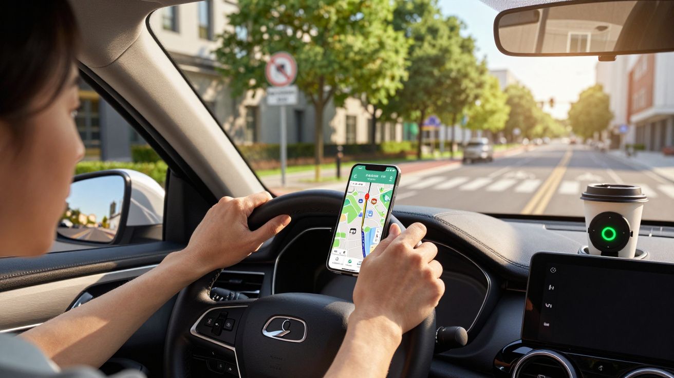 Bestuurder volgt navigatie op smartphone in auto, rijdend door zonovergoten stad met koffie op dashboard.