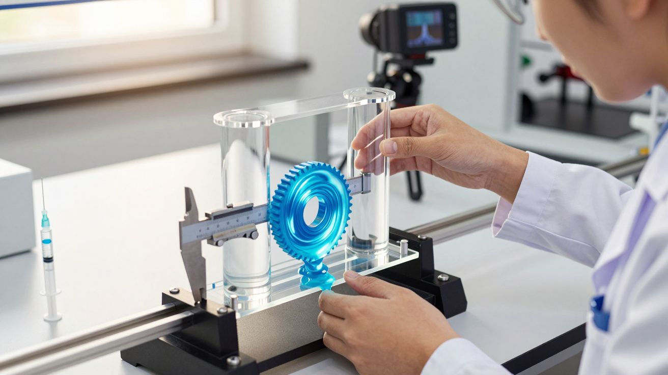 Wetenschapper meet een blauw tandwiel in een laboratorium met een schuifmaat.