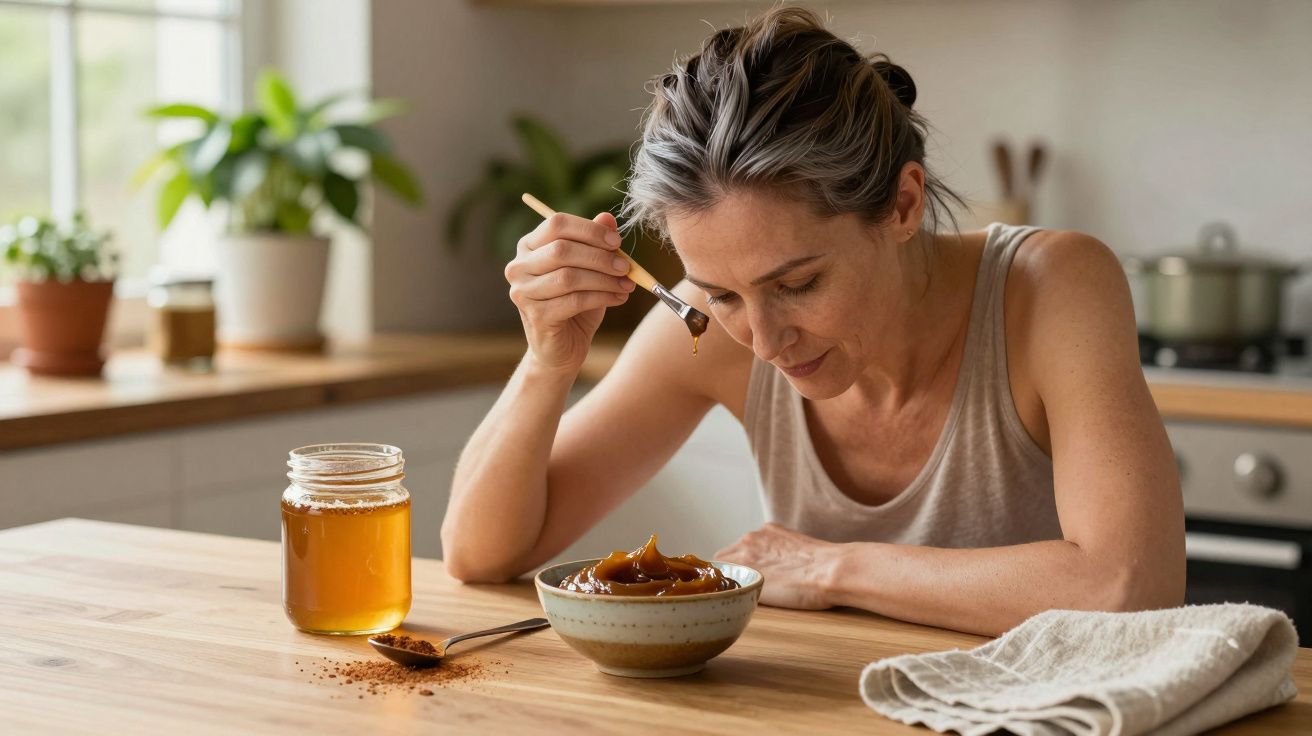 Vrouw in keuken ruikt aan honing in een pot en een kom, met planten op de achtergrond.