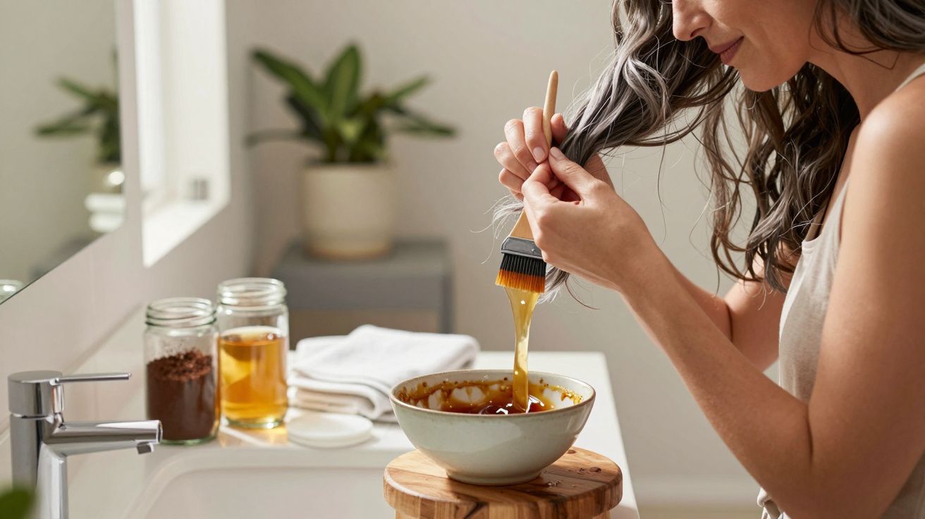 Vrouw brengt zelfgemaakte haarmasker aan in badkamer, omringd door natuurlijke ingrediënten.